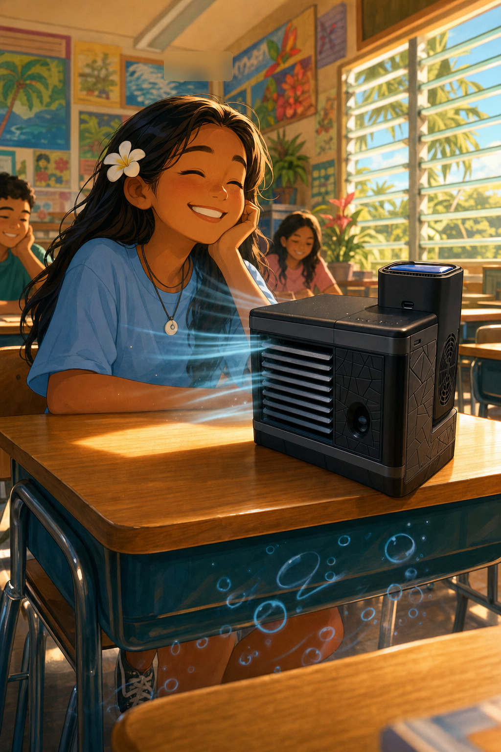 Stylized illustration of a smiling Hawaiʻi student seated at her classroom desk with a compact Kool Skools cooling unit nearby.