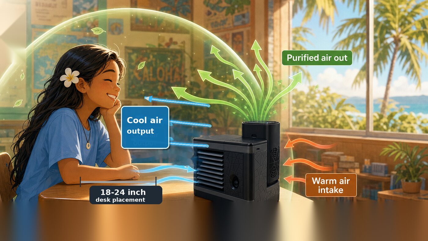 Side-view diagram showing the cooling unit, purifier airflow, and comfort zone around a student desk.